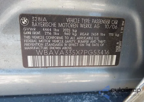 2007 BMW 328I z USA, uszkodzony, nr VIN WBAVA335X7PG53416